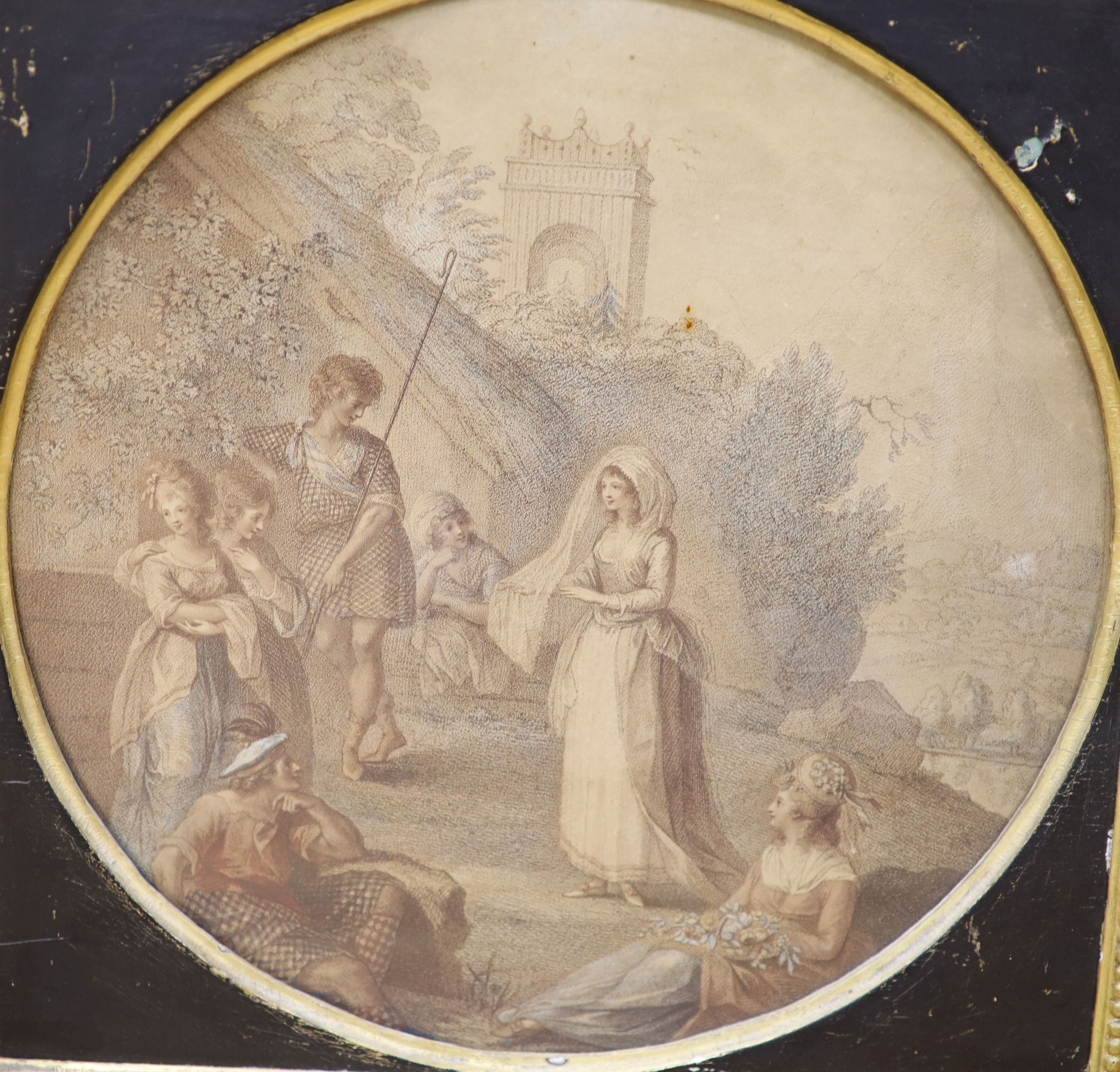 A 19th century silk picture, a petit point picture and a coloured print